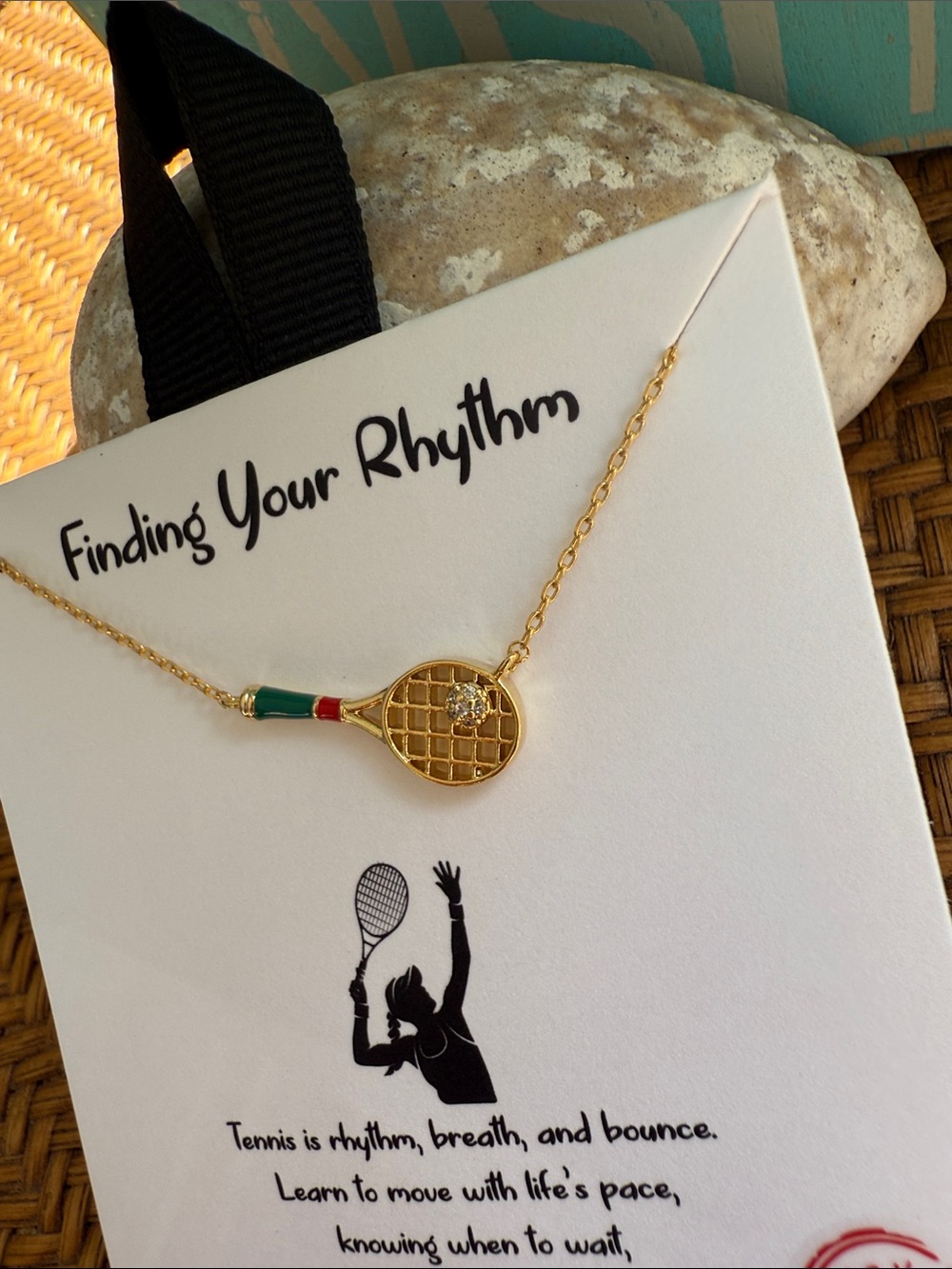 Gold Tennis Racket Necklace with Green and Red Accent - Finding Your Rhythm - Picture 6 of 8